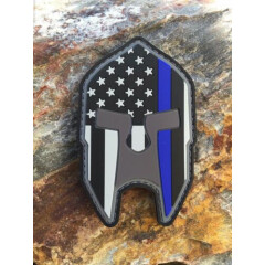 Subdued Thin Blue Line American Flag Spartan Helmet PVC Patch, Law Enforcement