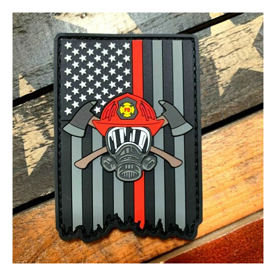 Subdued Thin Red Line Tattered American Flag Firefighter Helmet PVC Patch {1}