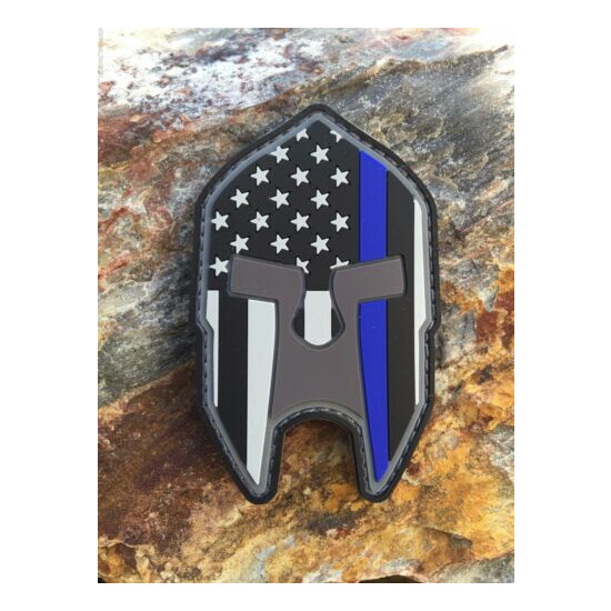 Subdued Thin Blue Line American Flag Spartan Helmet PVC Patch, Law Enforcement {1}