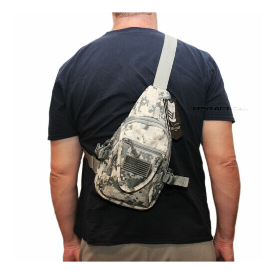East West USA ACU Digital Camo Tactical Military Sling Backpack w Removable Flag {8}