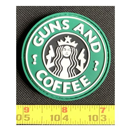 Guns And Coffee Starbucks Pistol Hand Gun Tactical PVC Patch Hook Backing {4}