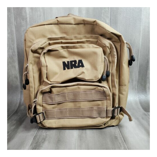 NRA TACTICAL Backpack Range Hunting Bag Desert Tan Khaki 5 Compartments EUC {1}