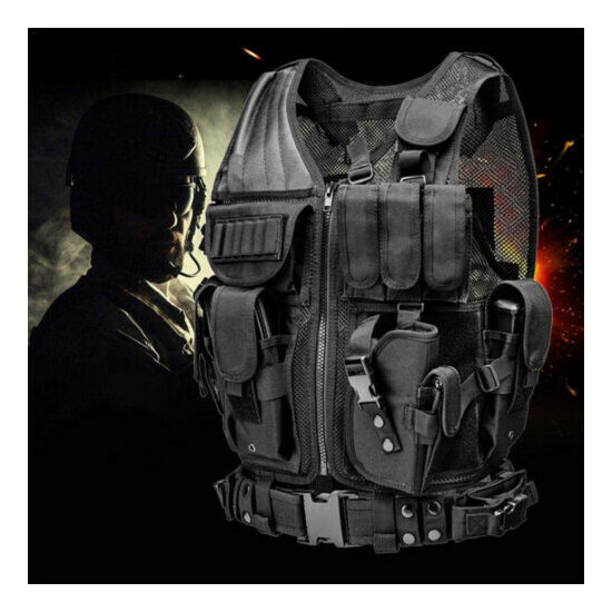 Military Tactical Vest with Holster Combat Molle Army Assault Hunting Plate Gear {13}