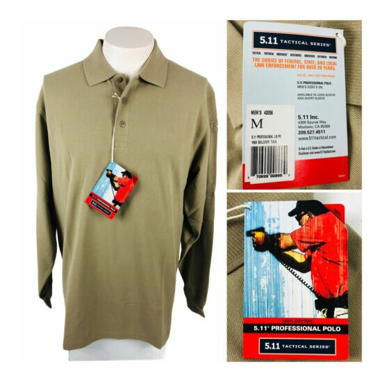 5.11 Tactical Mens Medium Long Sleeve Professional Polo Shirt Tan 42056 NWT {1}