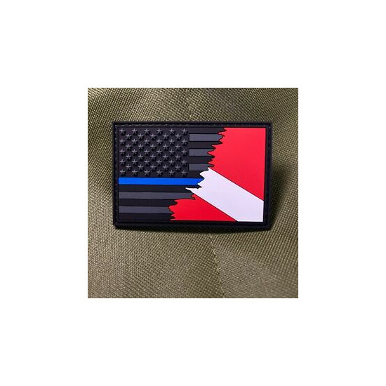 Subdued Tattered Thin Blue Line American Flag Police Diver PVC Patch {1}