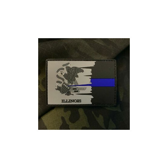 Subdued Tattered Illinois State Flag Thin Blue Line PVC Patch {1}