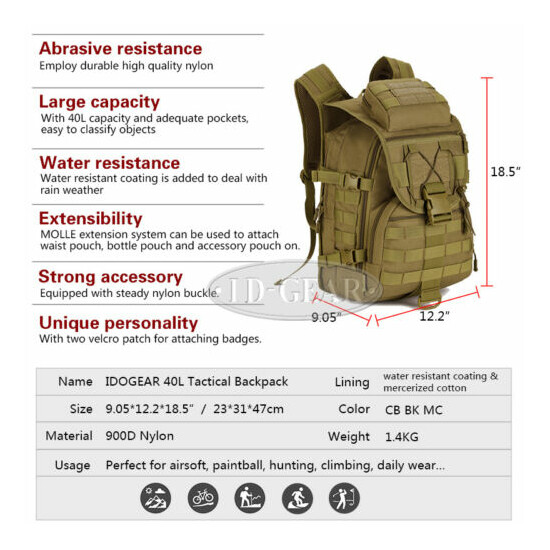 IDOGEAR Tactical Backpack Molle Pack Shoulder Bag Bug Out Bag Camping Camo 40L {12}