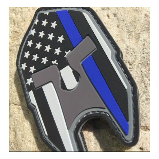 Subdued Thin Blue Line American Flag Spartan Helmet PVC Patch, Law Enforcement {2}