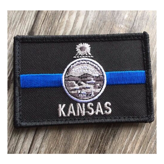 Subdued Thin Blue Line Kansas State Flag Patch, Law Enforcement {1}